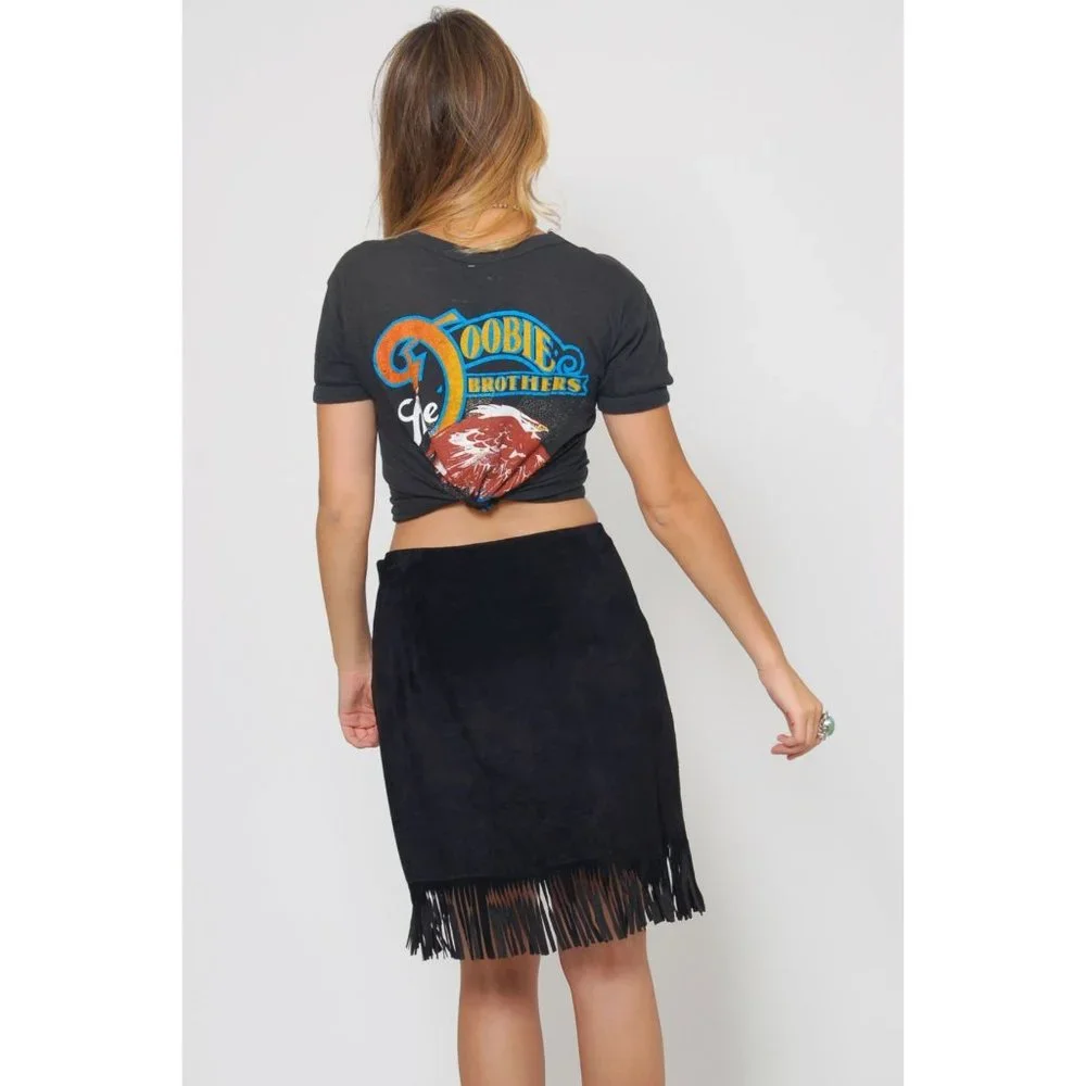Vintage CACHE x EREZ LEVY Black Suede Leather Fringe Wrap Skirt sz 8 Women's VTG - Picture 2 of 6
